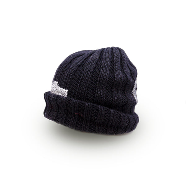 100% baby alpaca wool ribbed beanie in Burnt Charcoal  Multicolored hand-embroidered mending  Made in Los Angeles