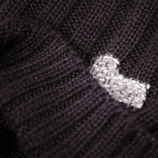 100% baby alpaca wool ribbed beanie in Burnt Charcoal  Multicolored hand-embroidered mending  Made in Los Angeles