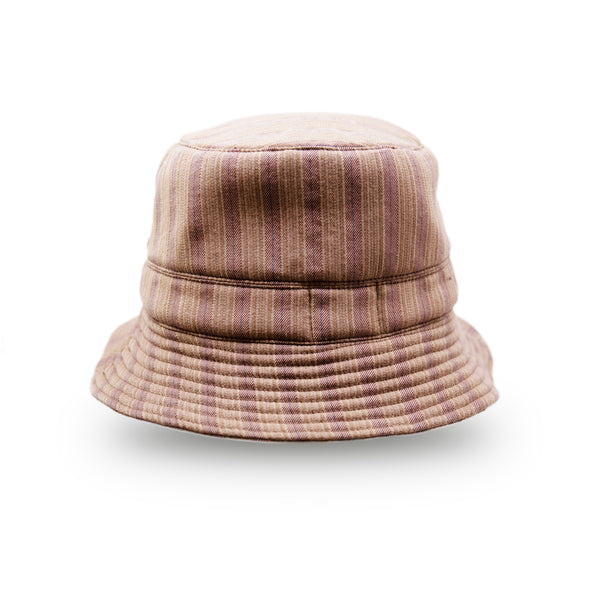 Chez Maxine  100% linen bucket hat in brown and purple  NF Italian jewelry on front side  NF custom linen  Made in USA
