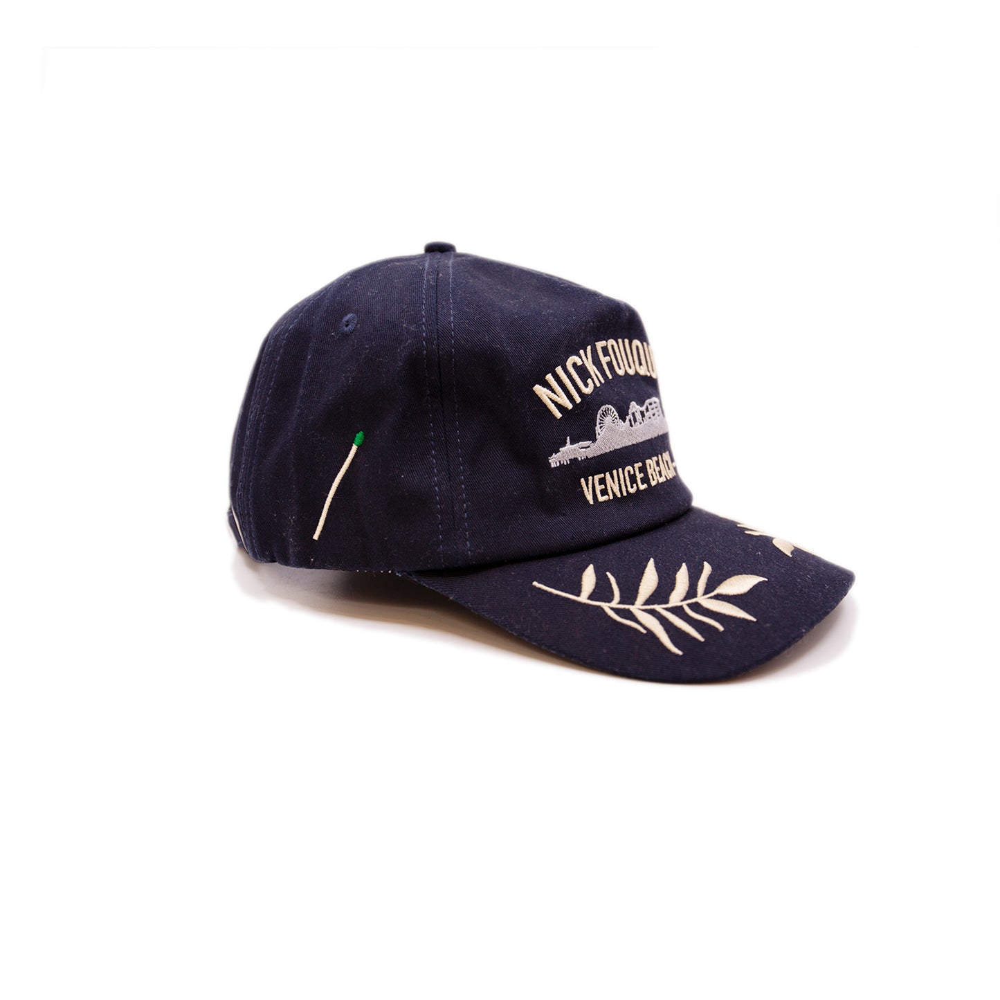 NF·US·V Hat  Cotton Baseball Cap in Navy Blue  Multicolor Embroidered Venice Skyline  Gold embroidered "Nick Fouquet Venice Beach - CA"   Embroidered matchstick on reverse side  One size fits all