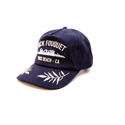 NF·US·V Hat  Cotton Baseball Cap in Navy Blue  Multicolor Embroidered Venice Skyline  Gold embroidered "Nick Fouquet Venice Beach - CA"   Embroidered matchstick on reverse side  One size fits all