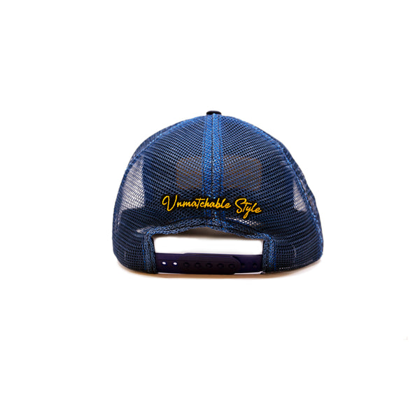 Navy cotton and nylon mesh trucker cap  Tonal braided cord along brim  Embroidered Nick Fouquet patch at front  ‘Unmatchable Style’ patch at back   Embroidered matchstick on reverse side  One size fits all  Made in Los Angeles 