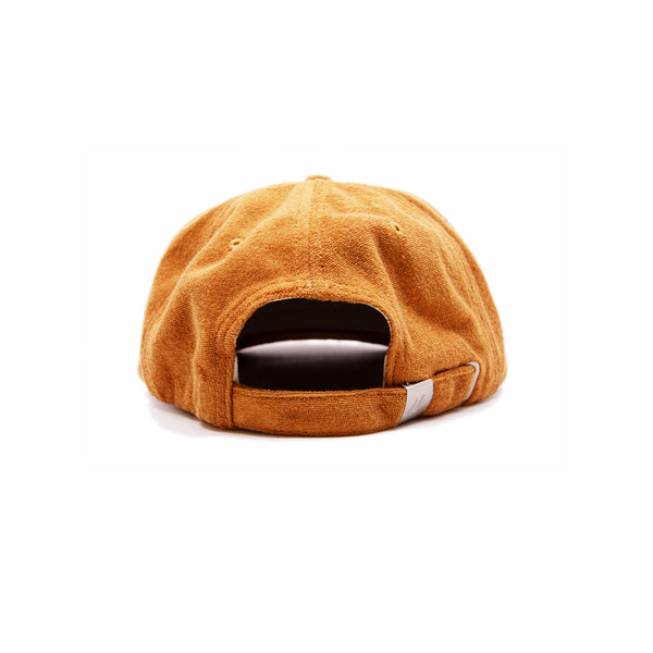 Camel terrycloth baseball cap  Natural hemp braided twine cord along brim  Beach Umbrella Rentals hotline graphic embroidered at front  Embroidered matchstick on reverse side  One size fits all  Made in Los Angeles   