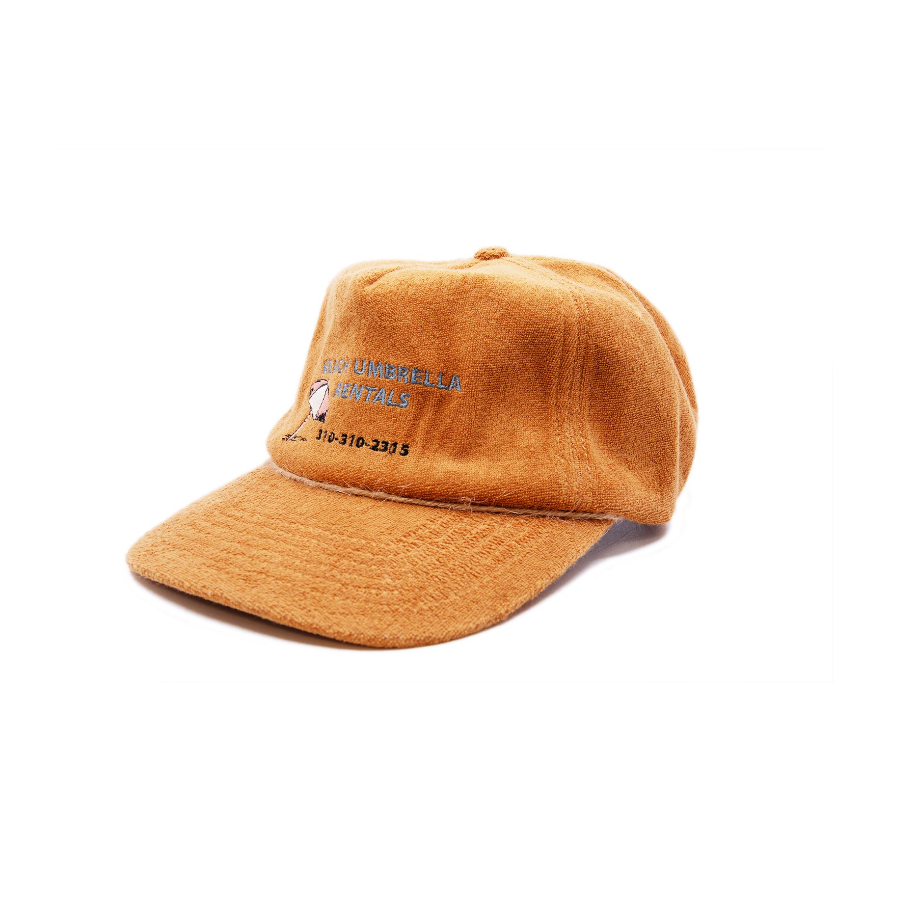 Camel terrycloth baseball cap  Natural hemp braided twine cord along brim  Beach Umbrella Rentals hotline graphic embroidered at front  Embroidered matchstick on reverse side  One size fits all  Made in Los Angeles   