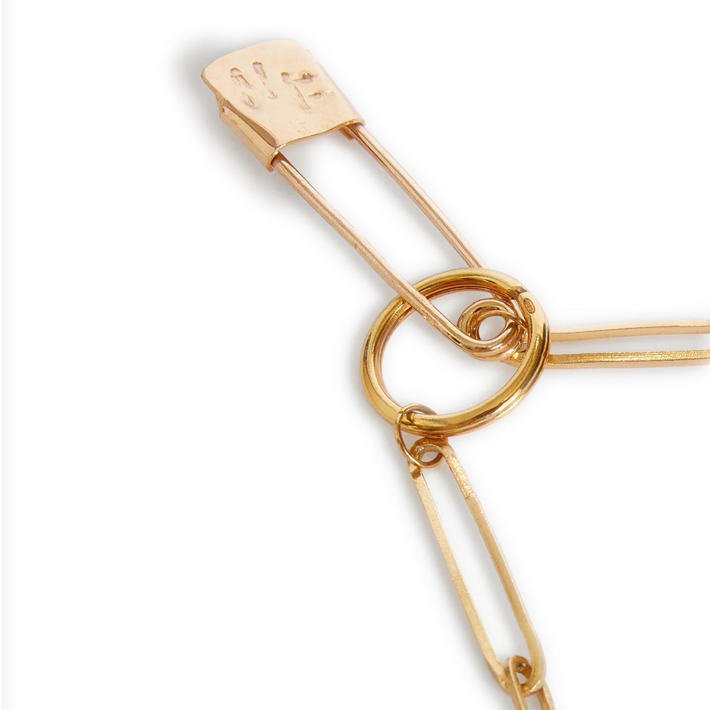 VITTRICIO KEY CHAIN Gold Galvanic paper clip key chain  NF hand carved detail on safety pin  Safety pin closure  Country of origin: Italy