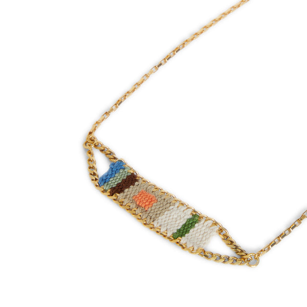 Hôtel Hemen Belt Chain  Silver 925 dipped in gold box chain   Hammered safety pin closure   Handmade multicolored embroidery  Made in Italy