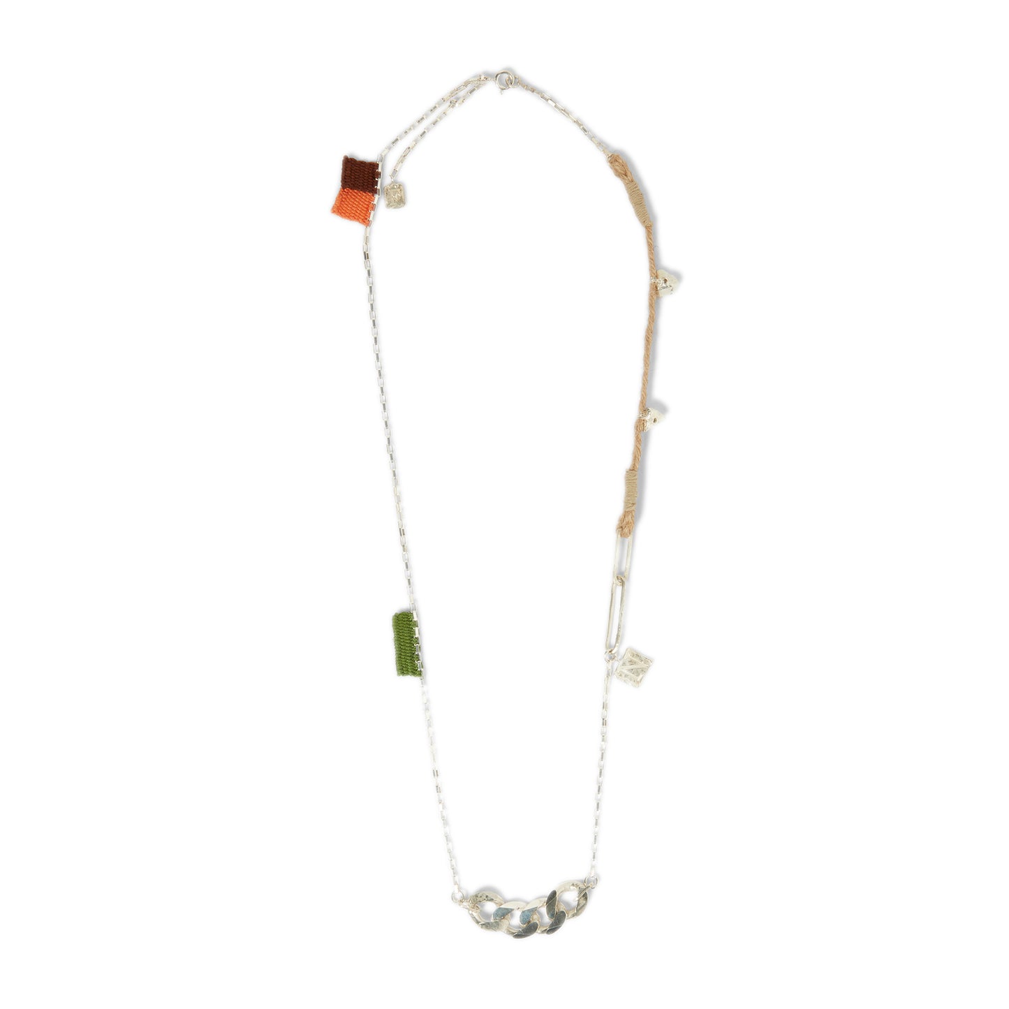 Lido Necklace  Silver 925 box chain with NF pendants   Centered curb chain   Braided twine with silver nuggets   Handmade multicolored embroidery pendants   Made in Italy