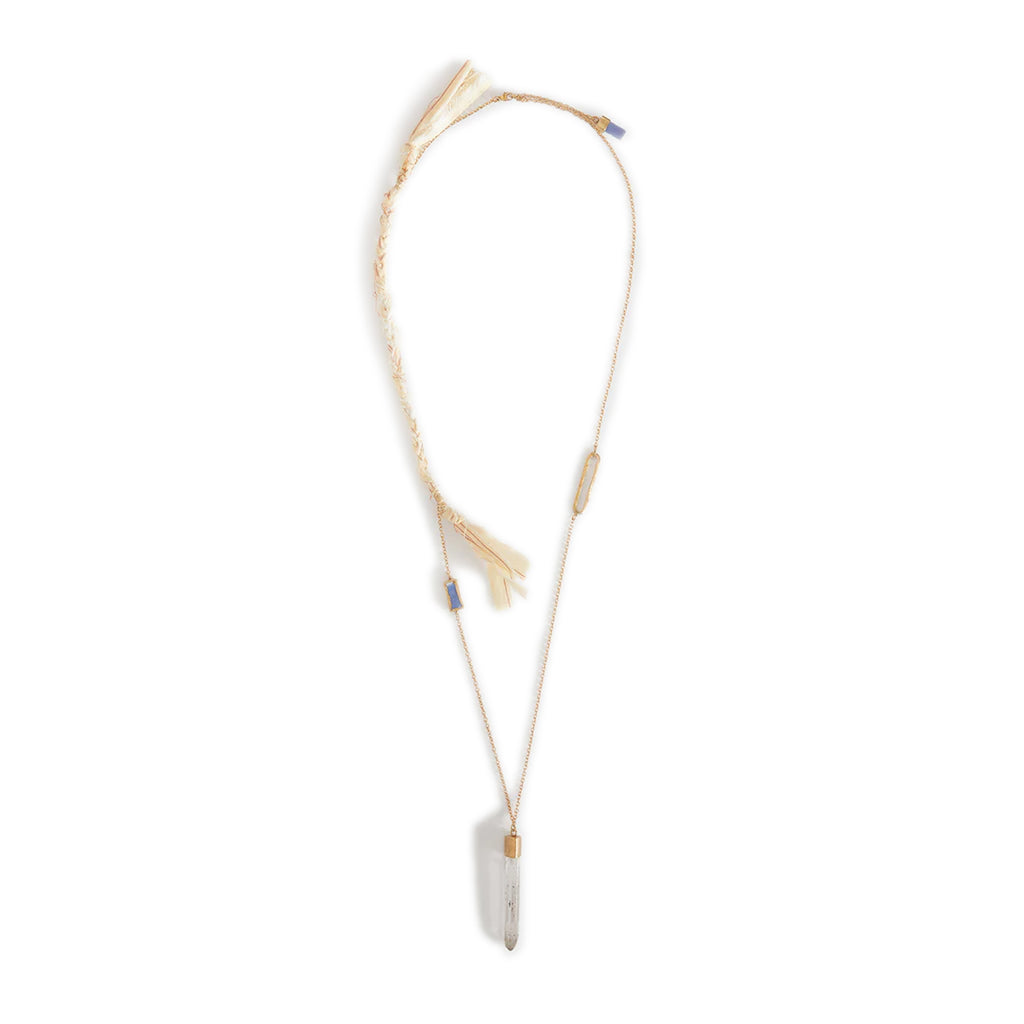 VILIBERTO NECKLACE Gold Galvanic metal rolo chain  Bezel Italian ceramic   Paper clip link detail  Braided Italian fabric  Clear quartz crystal pendant  Lobster clasp  Country of origin: Italy