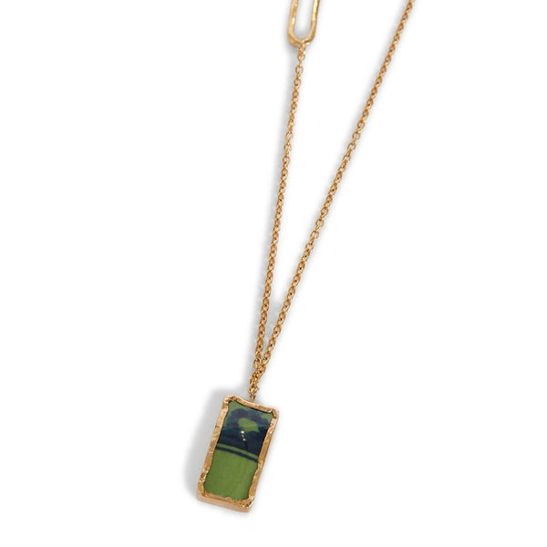 VOLMAR NECKLACE Gold Galvanic metal rolo chain  Bezel-set Italian ceramics  Paper clip link detail  Braided Italian fabric  Italian ceramic pendant  Lobster clasp  Country of origin: Italy