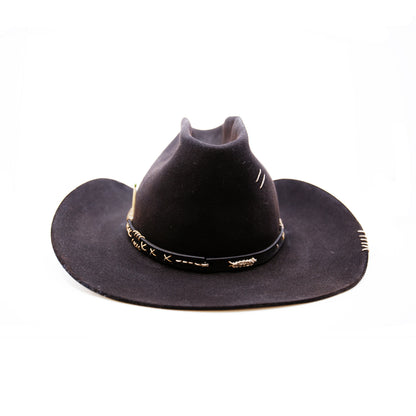 Stokksnes  100% felt hat in Black   Western Weight  ½” Black leather band with Japanese paper string ornaments    Cattleman crease with donkey kick   Western flanged brim  Made in USA