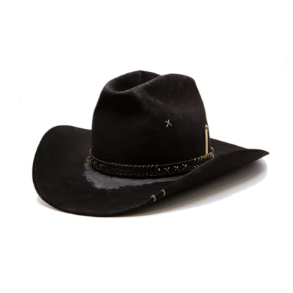 Stokksnes  100% felt hat in Black   Western Weight  ½” Black leather band with Japanese paper string ornaments    Cattleman crease with donkey kick   Western flanged brim  Made in USA