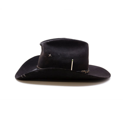 Stokksnes  100% felt hat in Black   Western Weight  ½” Black leather band with Japanese paper string ornaments    Cattleman crease with donkey kick   Western flanged brim  Made in USA