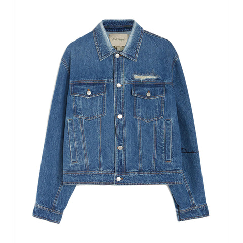 Dark Blue Denim Jacket NF repaired work with embroidered washed cotton denim NF landscape black embroidery on left sleeve  Composition: 100% cotton Dry clean Made in Italy