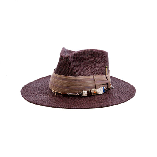 Ponta Beach  100% Ecuadorian straw in Maroon  2" NF custom linen band and bow   NF Italian chain on base   Woven in Ecuador  Flat brim  Made in USA