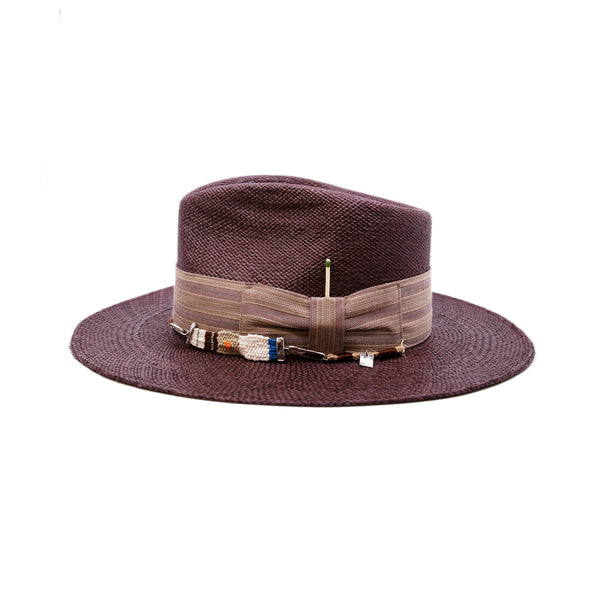 Ponta Beach  100% Ecuadorian straw in Maroon  2" NF custom linen band and bow   NF Italian chain on base   Woven in Ecuador  Flat brim  Made in USA