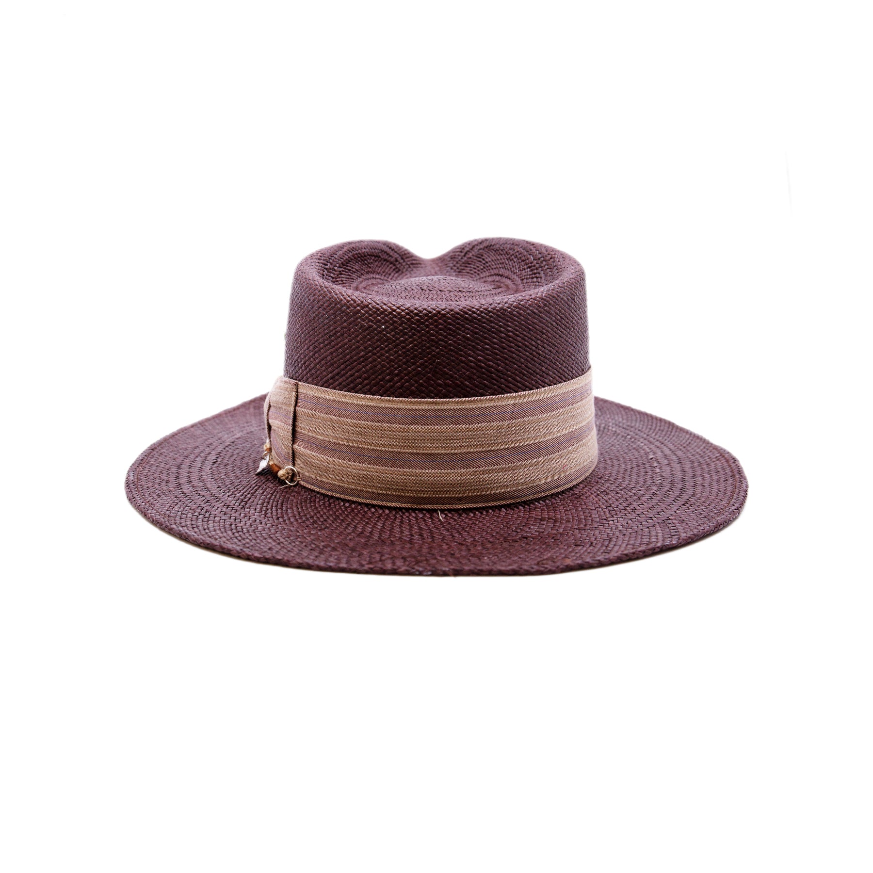 Ponta Beach  100% Ecuadorian straw in Maroon  2" NF custom linen band and bow   NF Italian chain on base   Woven in Ecuador  Flat brim  Made in USA