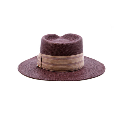 Ponta Beach  100% Ecuadorian straw in Maroon  2" NF custom linen band and bow   NF Italian chain on base   Woven in Ecuador  Flat brim  Made in USA