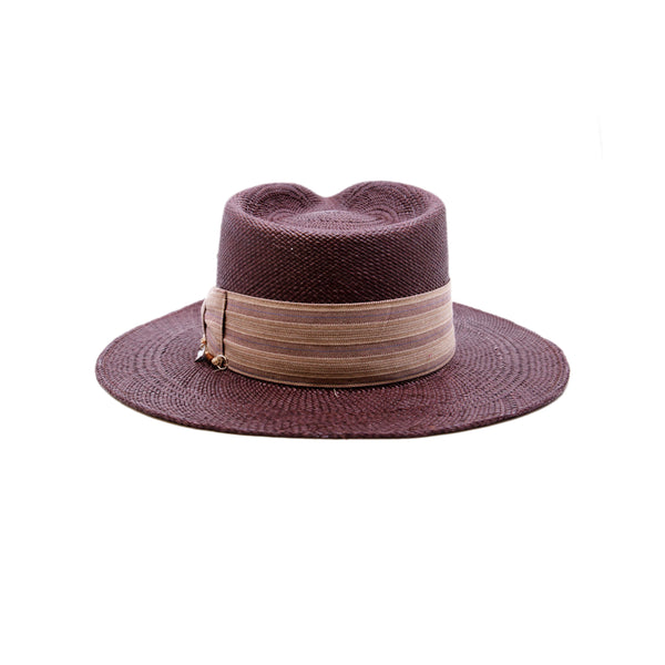 Ponta Beach  100% Ecuadorian straw in Maroon  2" NF custom linen band and bow   NF Italian chain on base   Woven in Ecuador  Flat brim  Made in USA