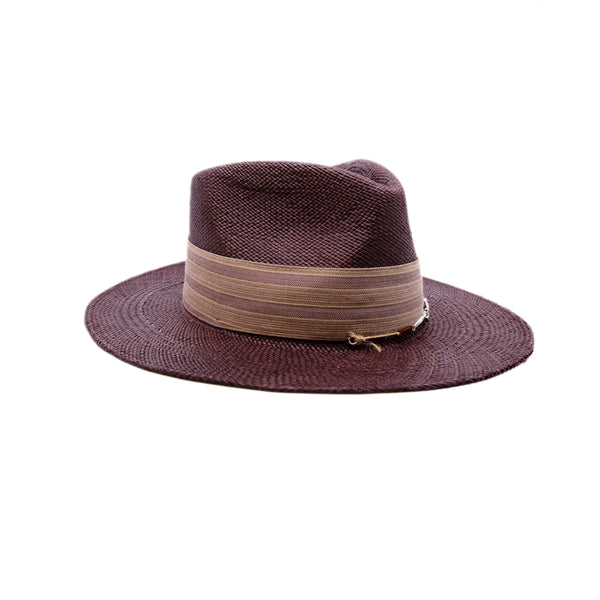 Ponta Beach  100% Ecuadorian straw in Maroon  2" NF custom linen band and bow   NF Italian chain on base   Woven in Ecuador  Flat brim  Made in USA