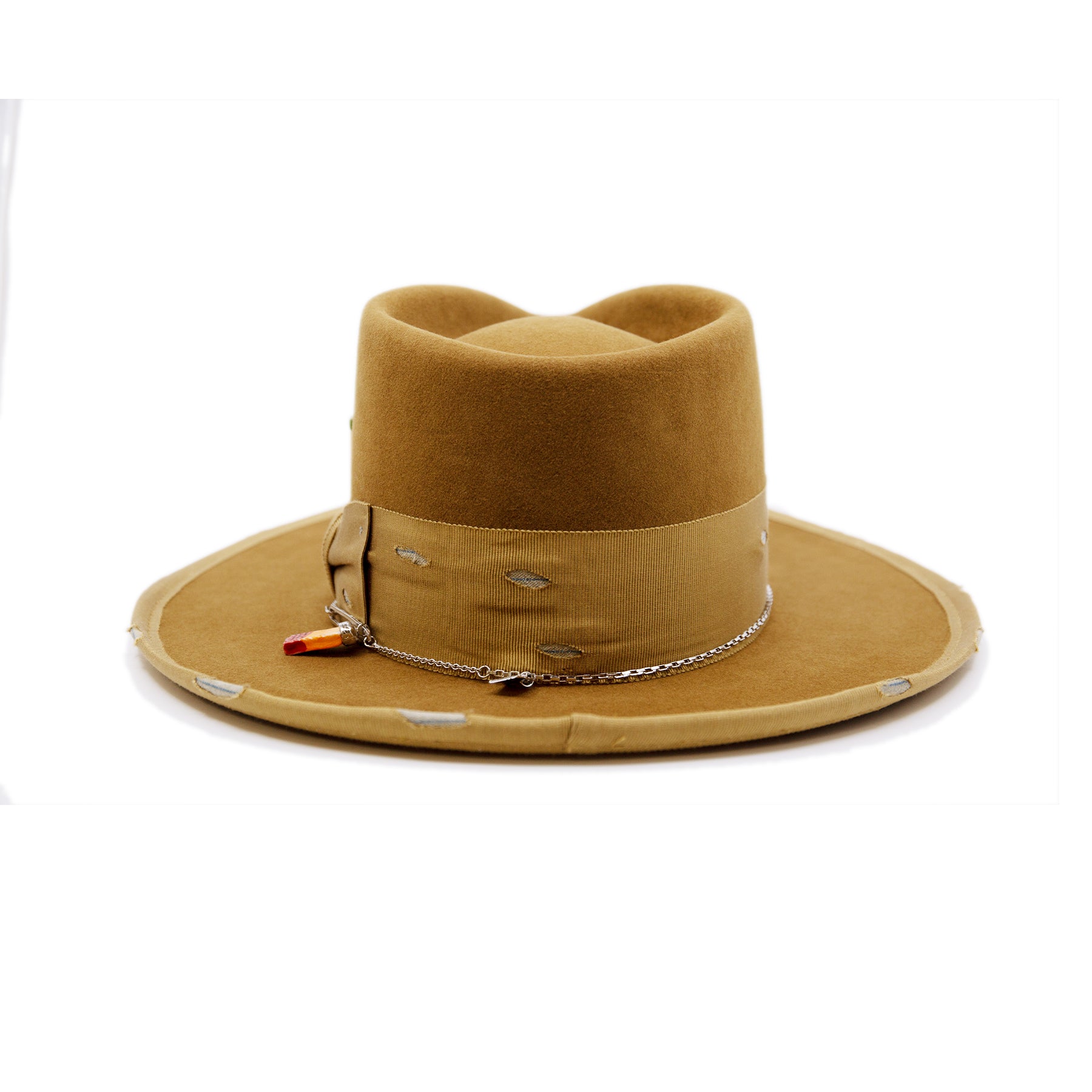 Côte Sauvage  100% felt hat in Baby Suede  Dress Weight  2" distressed tonal grosgrain band and bow   Blue NF fabric showing through band   NF Italian chain on base  Full binding  Flat brim  Made in USA