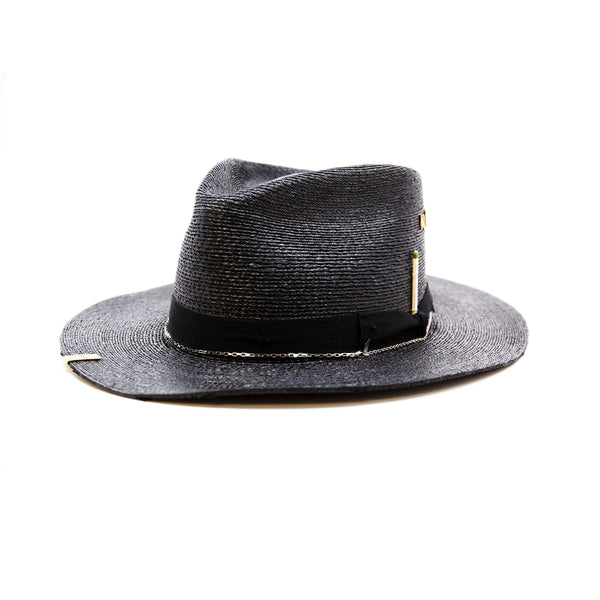 Numero 41  100% Mexican straw in Black  1" black herringbone band and bow with light distressing   NF Italian chain on base   Cartridge brass hat swag clip   NF jewelry pieces on crown   Woven in Mexico  Slight cowboy flanged brim  Made in USA