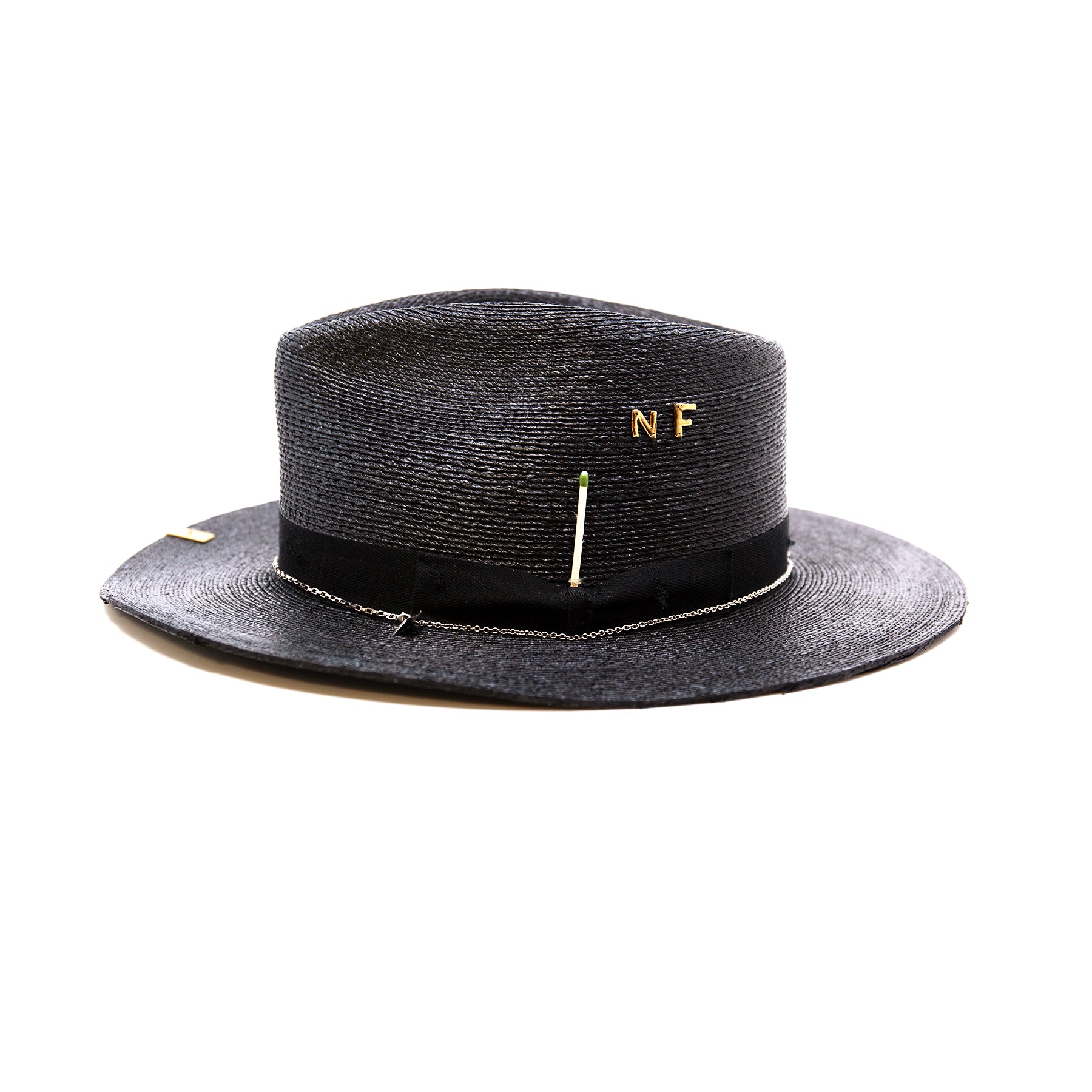 Numero 41  100% Mexican straw in Black  1" black herringbone band and bow with light distressing   NF Italian chain on base   Cartridge brass hat swag clip   NF jewelry pieces on crown   Woven in Mexico  Slight cowboy flanged brim  Made in USA