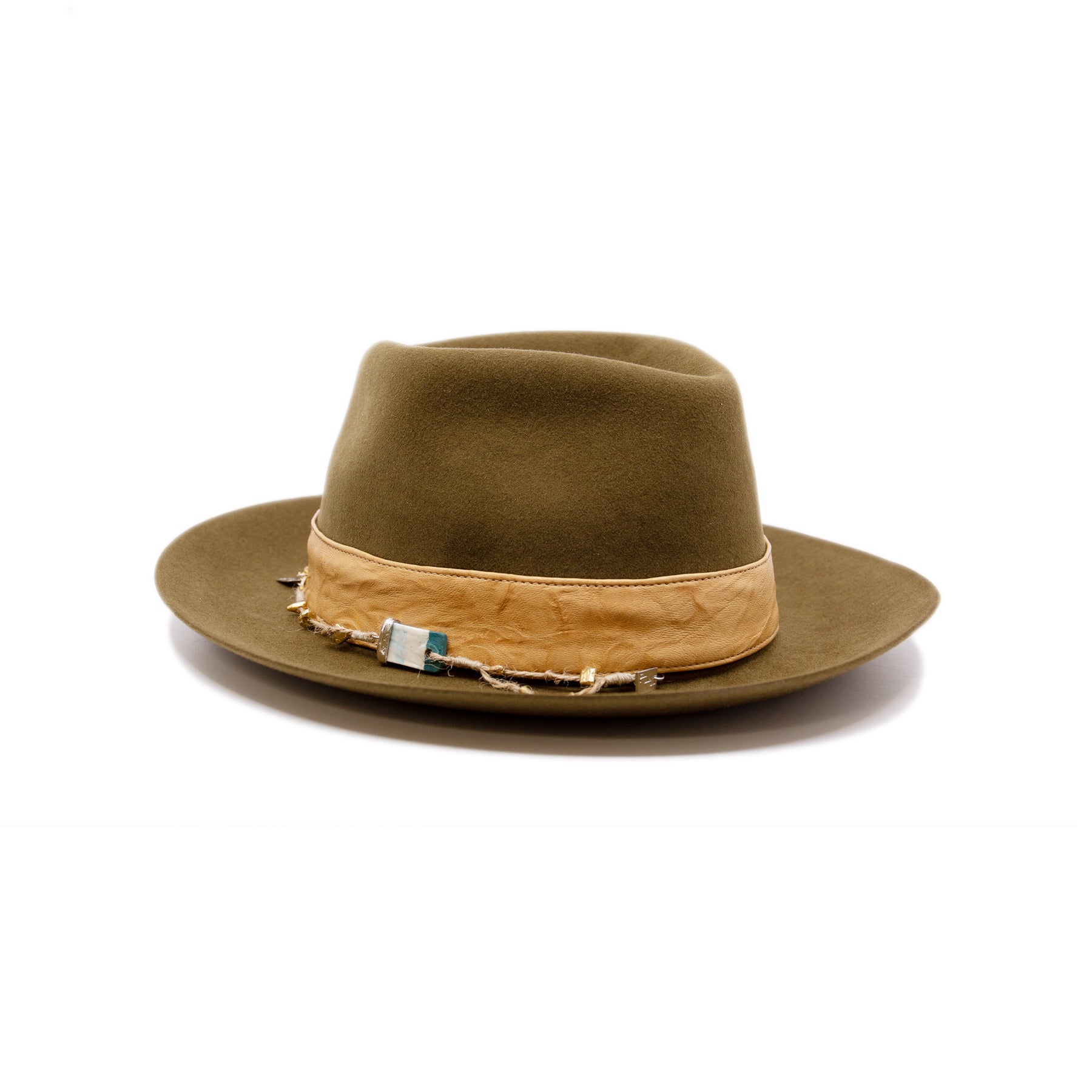 Temple of Mediclaytion Hat  100% felt hat in Olive Oil  Dress Weight  1 1/2" borello leather band and bow in natural  Rectangular handmade ceramic on crown   NF Italian chain on base  Flanged brim  Made in USA
