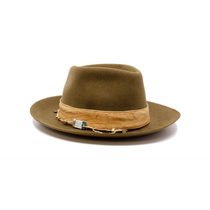 Temple of Mediclaytion Hat  100% felt hat in Olive Oil  Dress Weight  1 1/2" borello leather band and bow in natural  Rectangular handmade ceramic on crown   NF Italian chain on base  Flanged brim  Made in USA