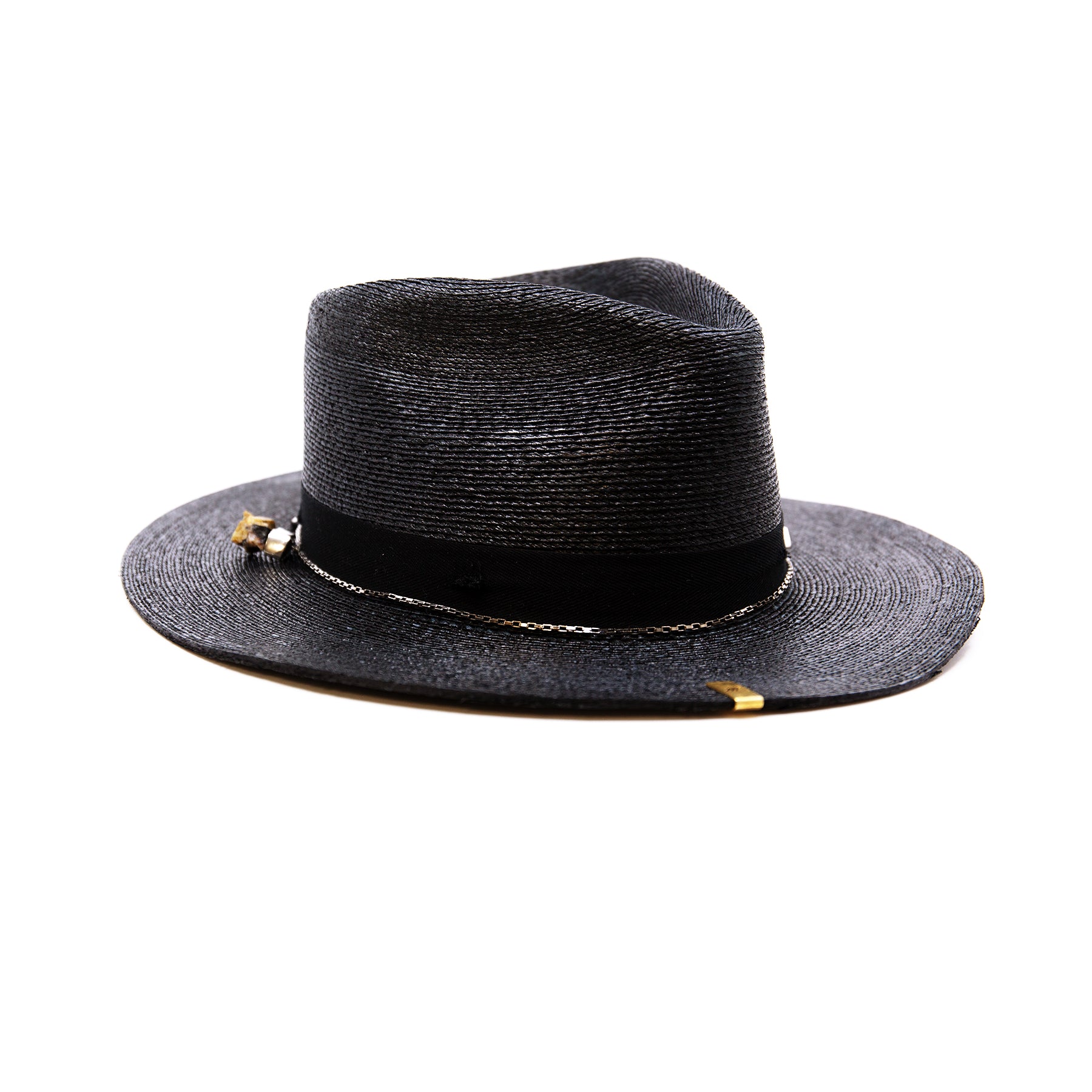 Numero 41  100% Mexican straw in Black  1" black herringbone band and bow with light distressing   NF Italian chain on base   Cartridge brass hat swag clip   NF jewelry pieces on crown   Woven in Mexico  Slight cowboy flanged brim  Made in USA