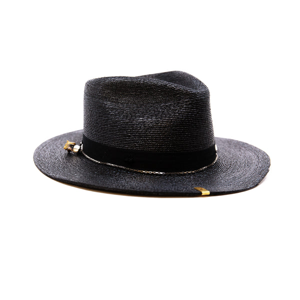 Numero 41  100% Mexican straw in Black  1" black herringbone band and bow with light distressing   NF Italian chain on base   Cartridge brass hat swag clip   NF jewelry pieces on crown   Woven in Mexico  Slight cowboy flanged brim  Made in USA