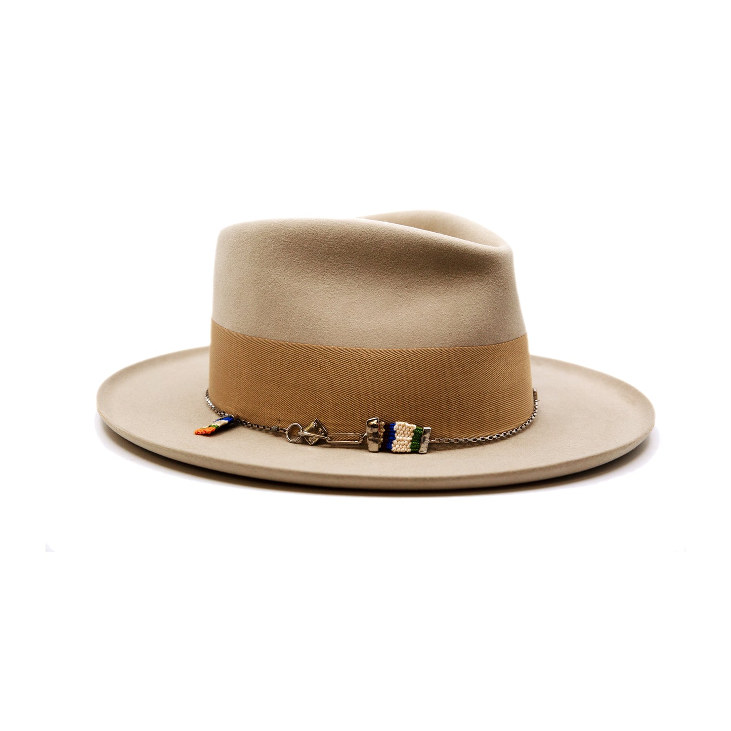 St. Palais  100% felt hat in Sand  Western Weight  2" tonal herringbone band and bow   NF Italian chain on base  Slight pencil curled brim  Made in USA