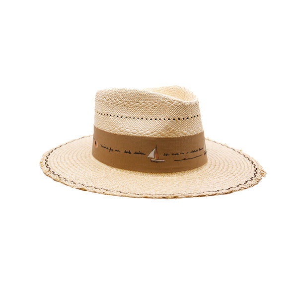 Mehari 100% Ecuadorian straw in Natural  Special NF Weave  2" tan herringbone band and bow   Custom NF iconography in band  Zig zag stitching on brim   Woven in Ecuador  Frayed brim  Made in USA