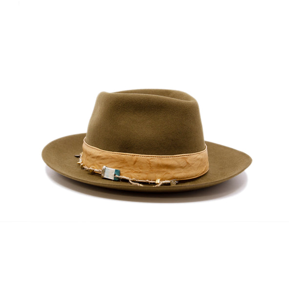 Temple of Mediclaytion Hat  100% felt hat in Olive Oil  Dress Weight  1 1/2" borello leather band and bow in natural  Rectangular handmade ceramic on crown   NF Italian chain on base  Flanged brim  Made in USA