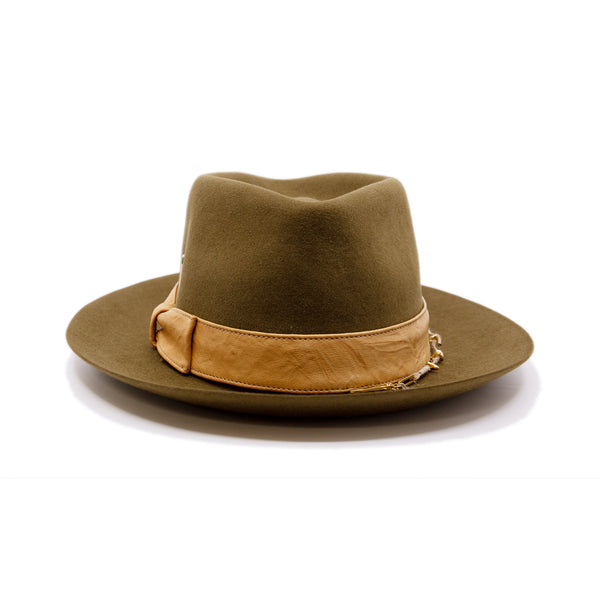 Temple of Mediclaytion Hat  100% felt hat in Olive Oil  Dress Weight  1 1/2" borello leather band and bow in natural  Rectangular handmade ceramic on crown   NF Italian chain on base  Flanged brim  Made in USA
