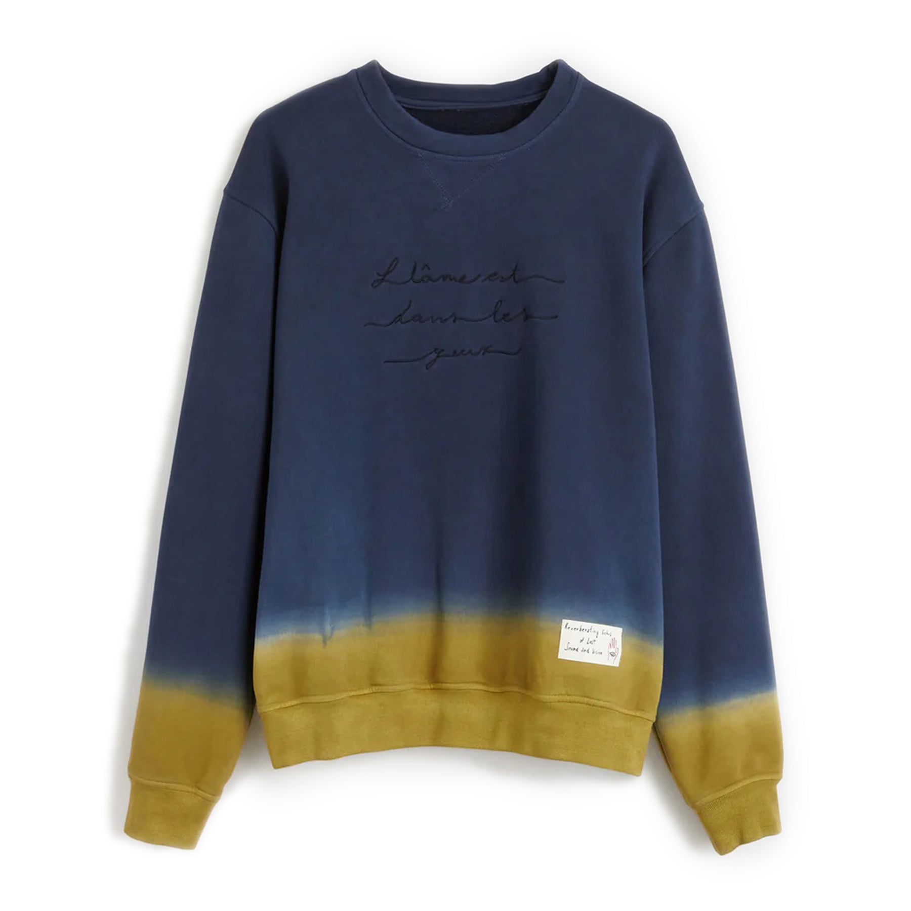 Vaco Sweatshirt  Dark blue crewneck sweatshirt Embroidery on the front Hidden message label on bottom left  Hand dyed cotton plush Composition: 100% cotton Dry clean Country of origin: Italy