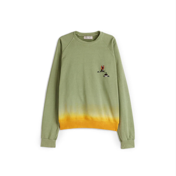 Ulfred Sweatshirt  Medium green crewneck sweatshirt Embroidered artwork at chest Tie dyed yellow hem Composition: 100% cotton Dry clean Country of origin: Italy