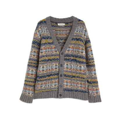 Grey multi color long sleeves cardigan Jacquard tapestry multi color Jersey stitch  Composition: 63% alpaca, 27% wool, 10% polyamide Dry clean Country of origin: Italy