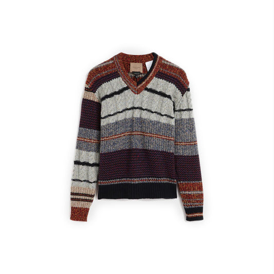 Nick Fouquet conveys a bohemian mood with this multicolored striped Teobaldo sweater, which is cable and rib-knitted from wool and cashmere to a classic V-neckline.  Multicolored mid-weight ribbed and cable knit sweater Cream, red, purple and blue stripes V-neckline Composition: 90% virgin wool, 10% cashmere. Dry clean Country of origin: Italy