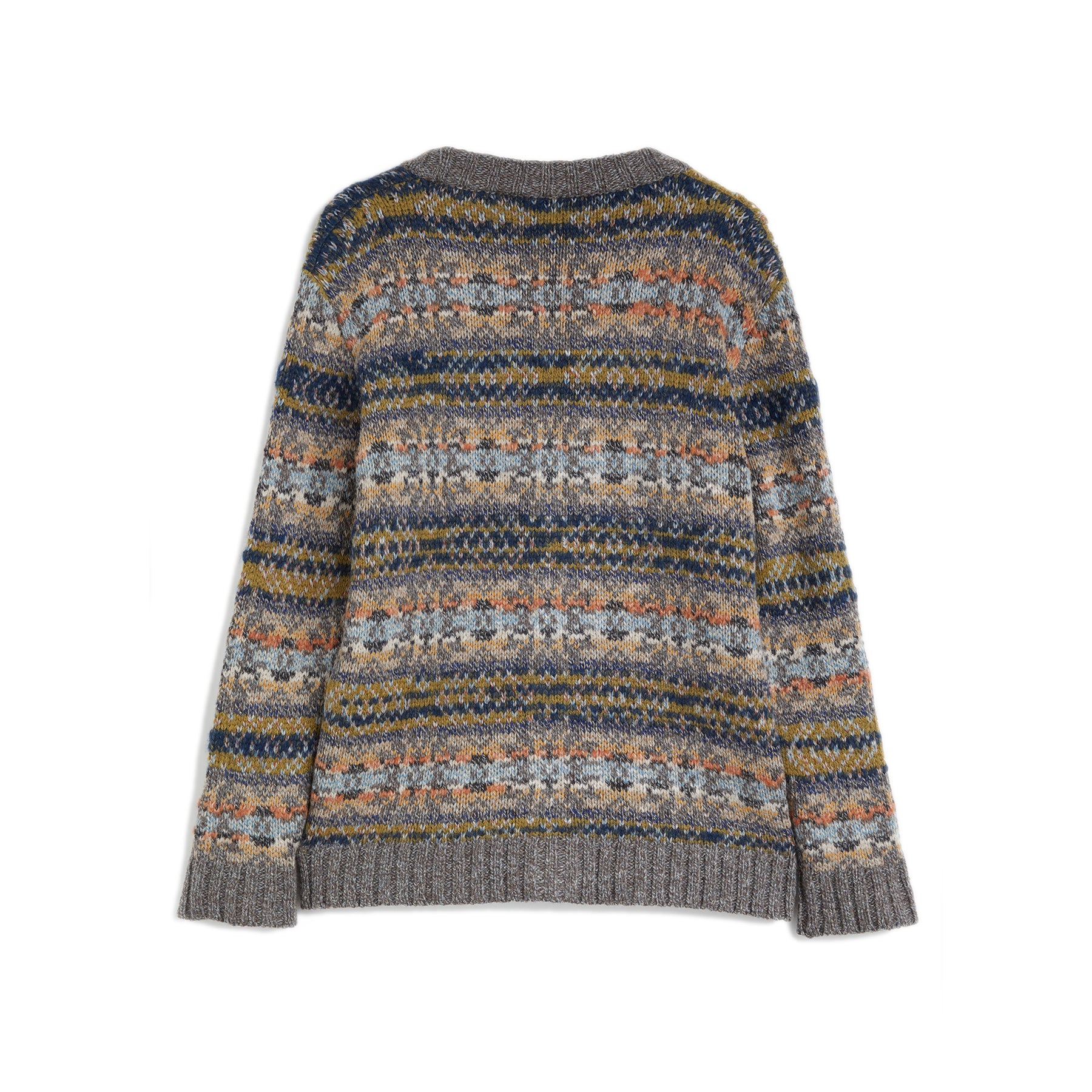 Grey multi color long sleeves cardigan Jacquard tapestry multi color Jersey stitch  Composition: 63% alpaca, 27% wool, 10% polyamide Dry clean Country of origin: Italy
