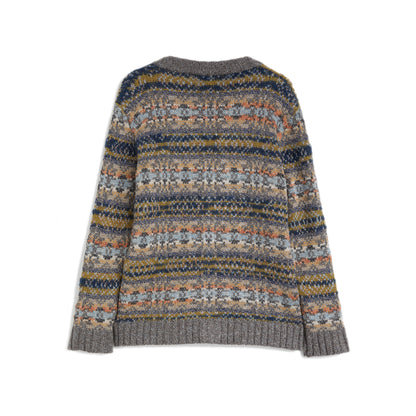 Grey multi color long sleeves cardigan Jacquard tapestry multi color Jersey stitch  Composition: 63% alpaca, 27% wool, 10% polyamide Dry clean Country of origin: Italy