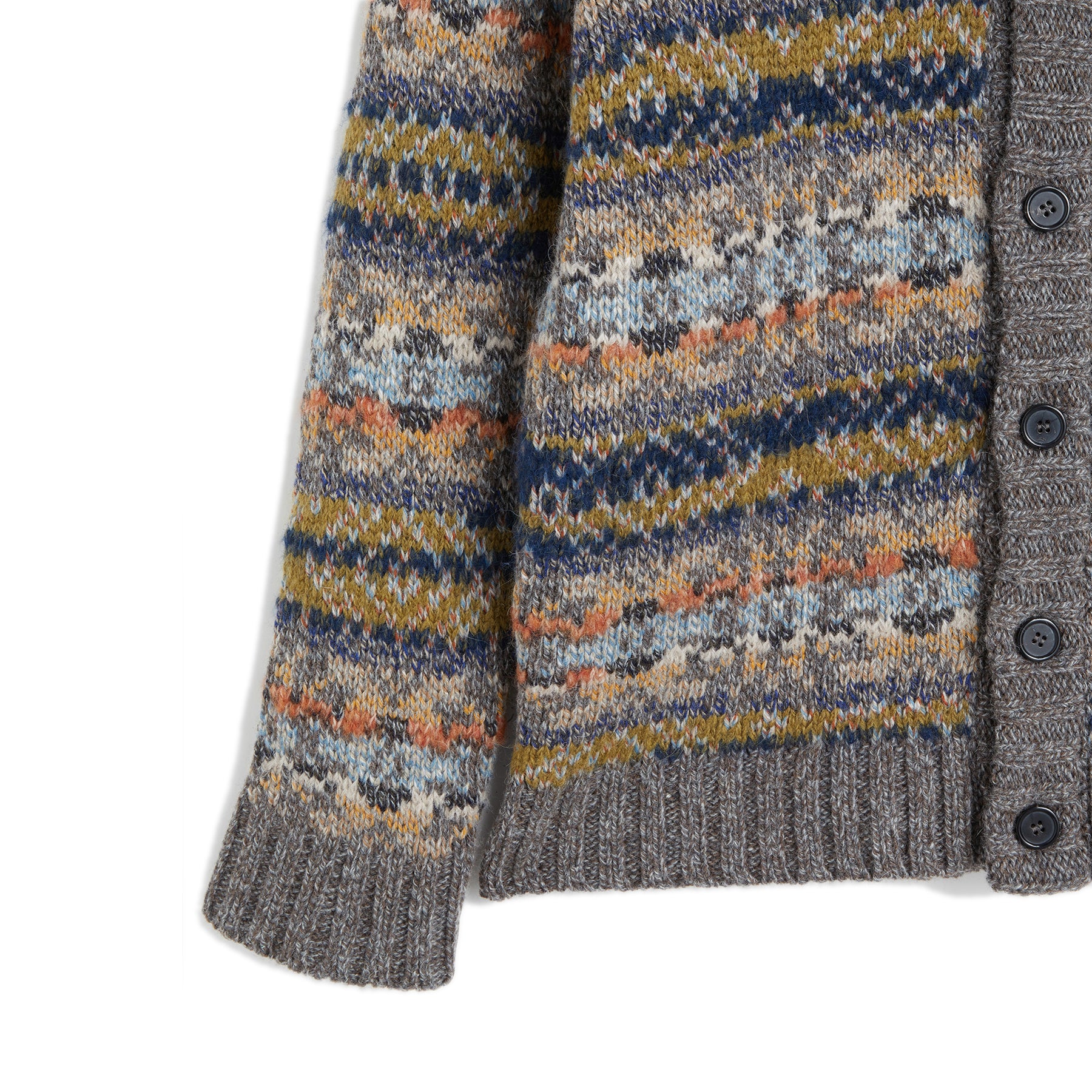 Grey multi color long sleeves cardigan Jacquard tapestry multi color Jersey stitch  Composition: 63% alpaca, 27% wool, 10% polyamide Dry clean Country of origin: Italy
