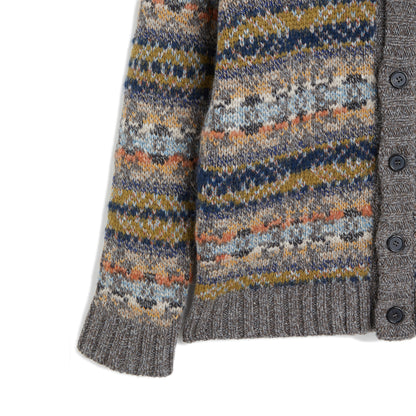 Grey multi color long sleeves cardigan Jacquard tapestry multi color Jersey stitch  Composition: 63% alpaca, 27% wool, 10% polyamide Dry clean Country of origin: Italy