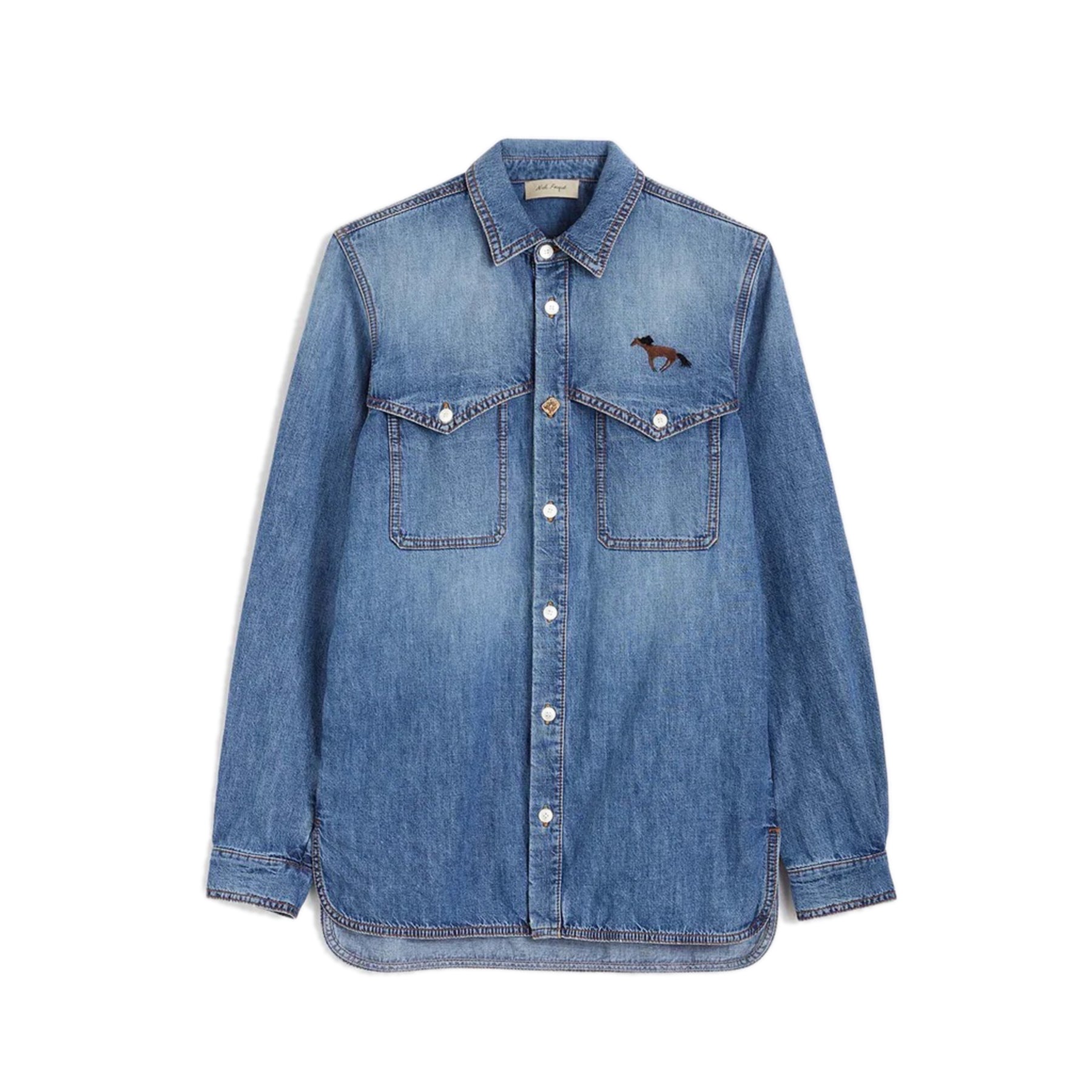 Virgilio Shirt Light Blue long sleeves denim shirt Washed denim chambray Embroidery above left front pocket NF mix and match buttons Hidden message label inside, left side. Composition: 100% cotton Dry clean Country of origin: Italy