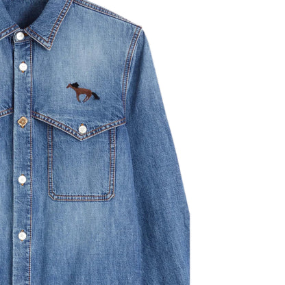 Virgilio Shirt Light Blue long sleeves denim shirt Washed denim chambray Embroidery above left front pocket NF mix and match buttons Hidden message label inside, left side. Composition: 100% cotton Dry clean Country of origin: Italy